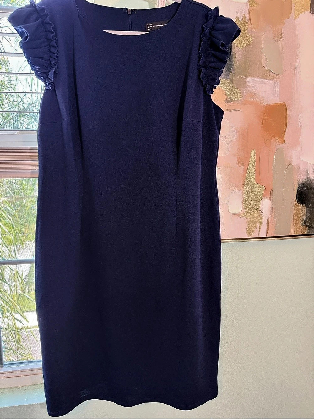 New York & Company Ruffle Sleeve MIDI Dress in Blue Size Large Like New